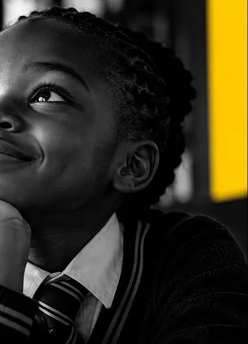 A girl in school uniform smiling and looking upward