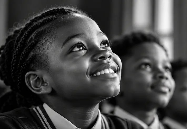 Learners in school uniform smiling in an assembly