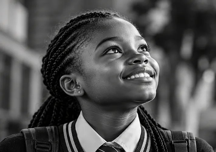 A smiling learner with a school backpack outside a school building
