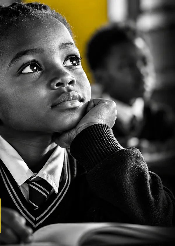 A learner in school uniform at a desk in a classroom, looking up thoughtfully