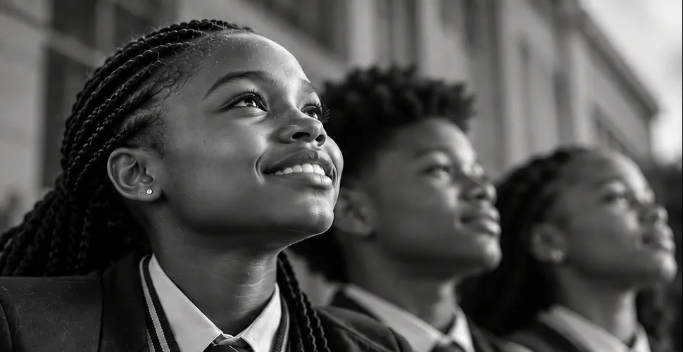 Three learners in school uniform looking up outside a school