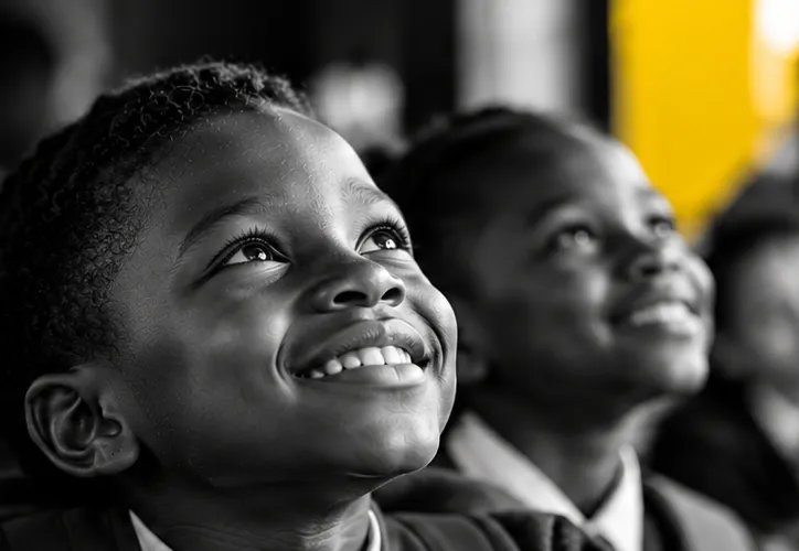 Two learners in school uniform smiling and looking upward
