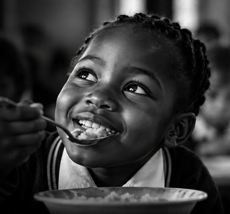 A smiling child eating a meal from a bowl at school